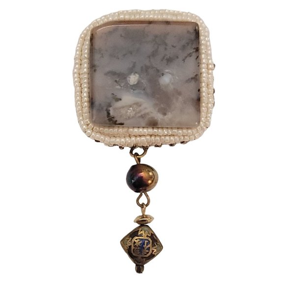 Glass White Bead Square Moss Agate Asian Bead Dangle Brooch K893 - Picture 9 of 9